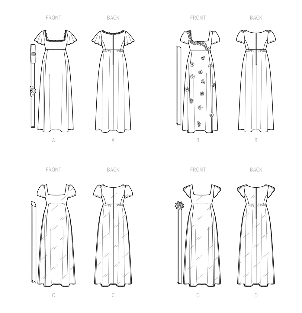 Simplicity S9434 sewing pattern envelope showing Regency style empire waist gowns