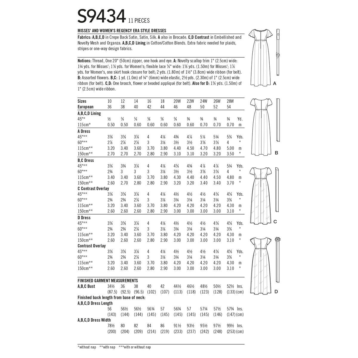Simplicity S9434 sewing pattern envelope showing Regency style empire waist gowns