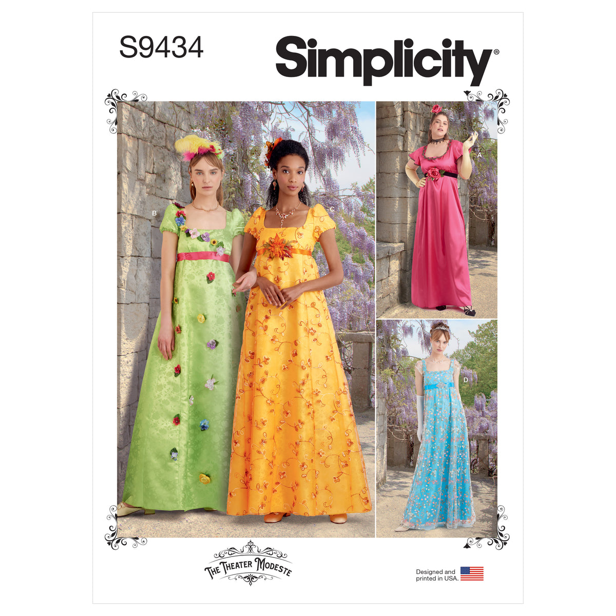 Simplicity S9434 sewing pattern envelope showing Regency style empire waist gowns