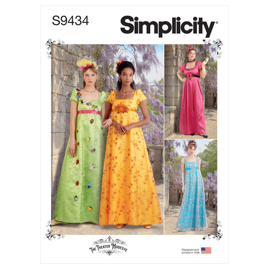Simplicity S9434 sewing pattern envelope showing Regency style empire waist gowns