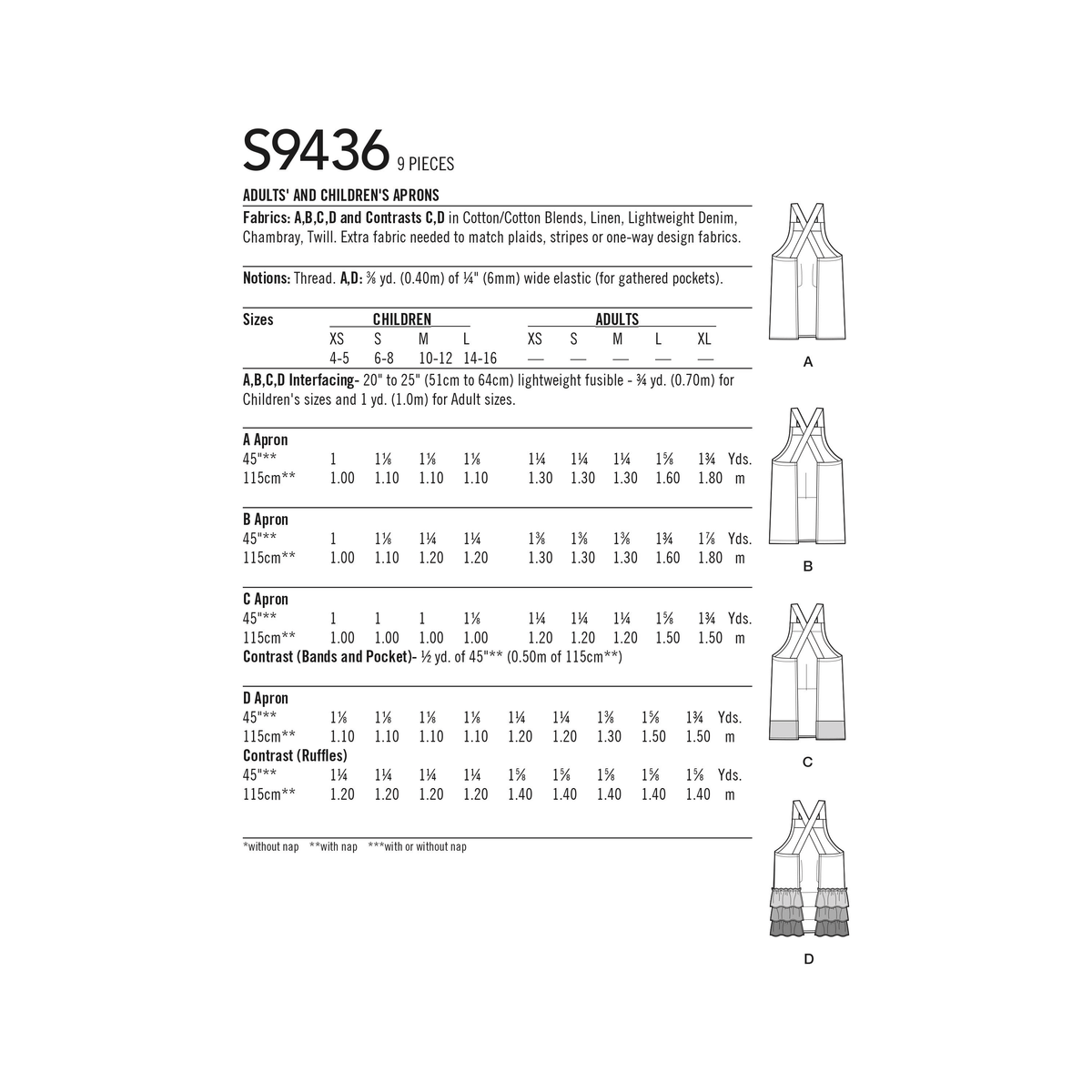 Simplicity S9436 sewing pattern envelope showing crossback aprons