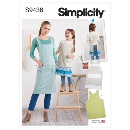 Simplicity S9436 sewing pattern envelope showing crossback aprons