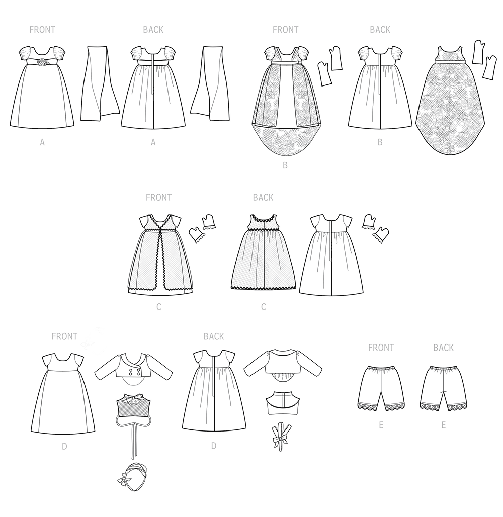 Simplicity S9438 sewing pattern envelope showing doll dresses