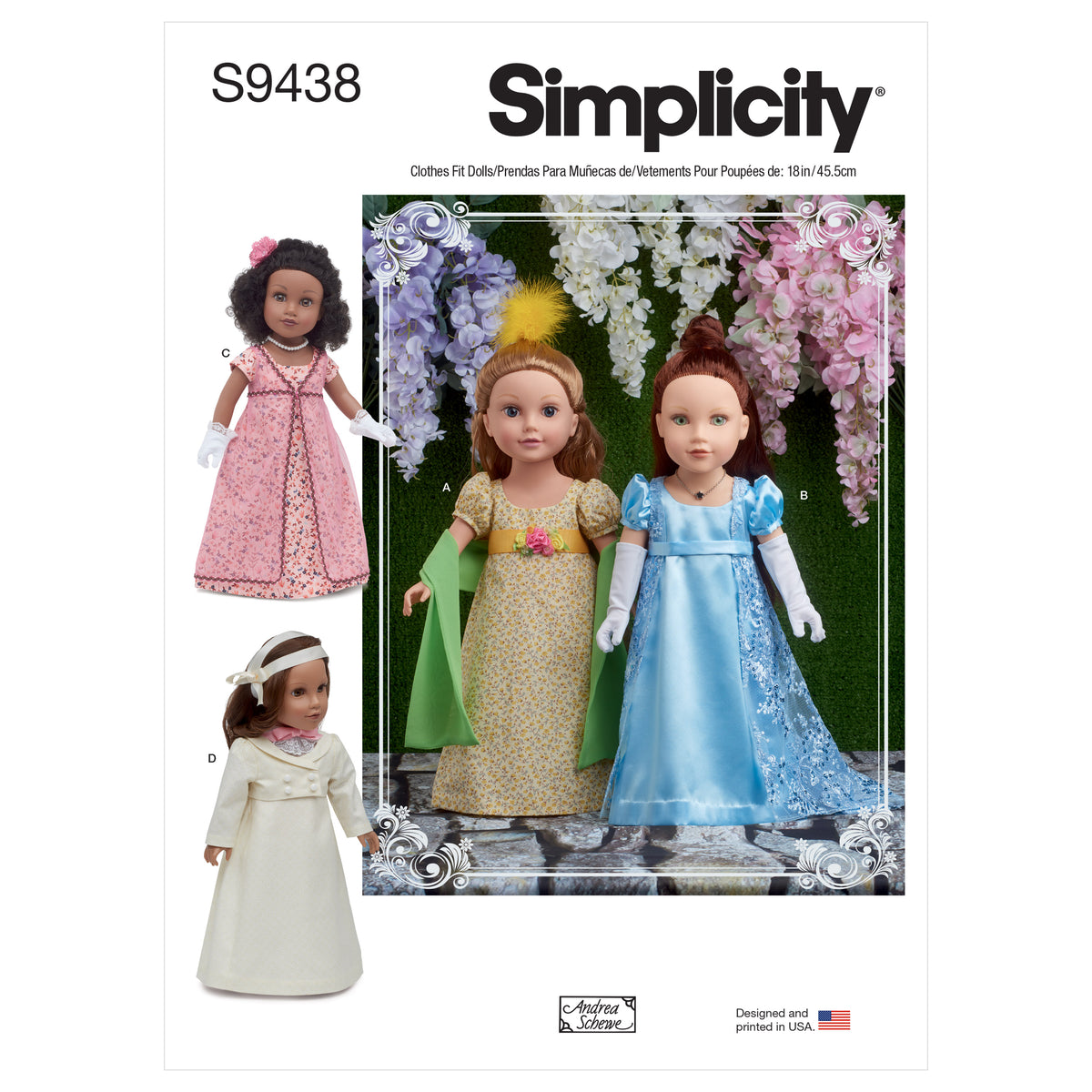 Simplicity S9438 sewing pattern envelope showing doll dresses