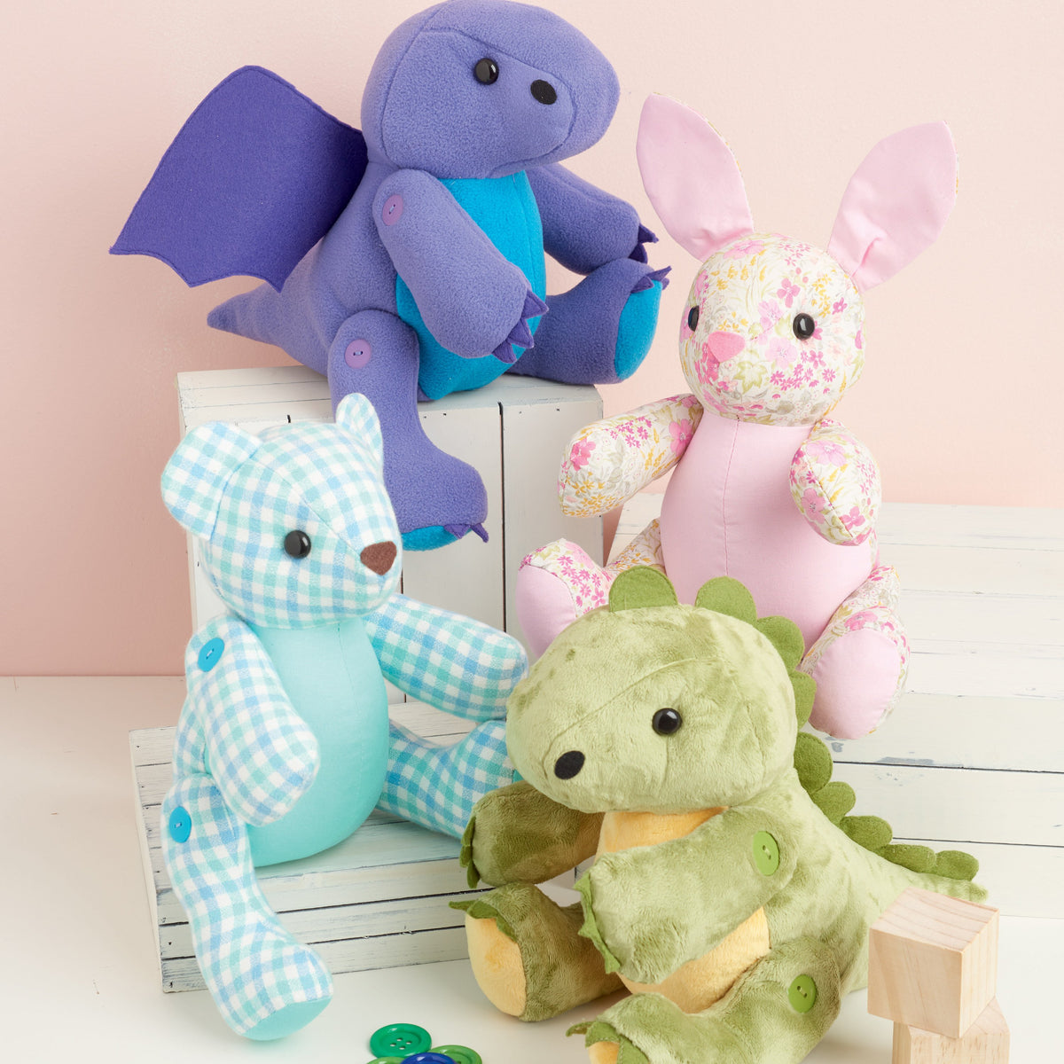 Simplicity S9441 sewing pattern envelope showing button jointed plush animals