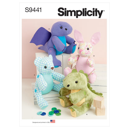 Simplicity S9441 sewing pattern envelope showing button jointed plush animals