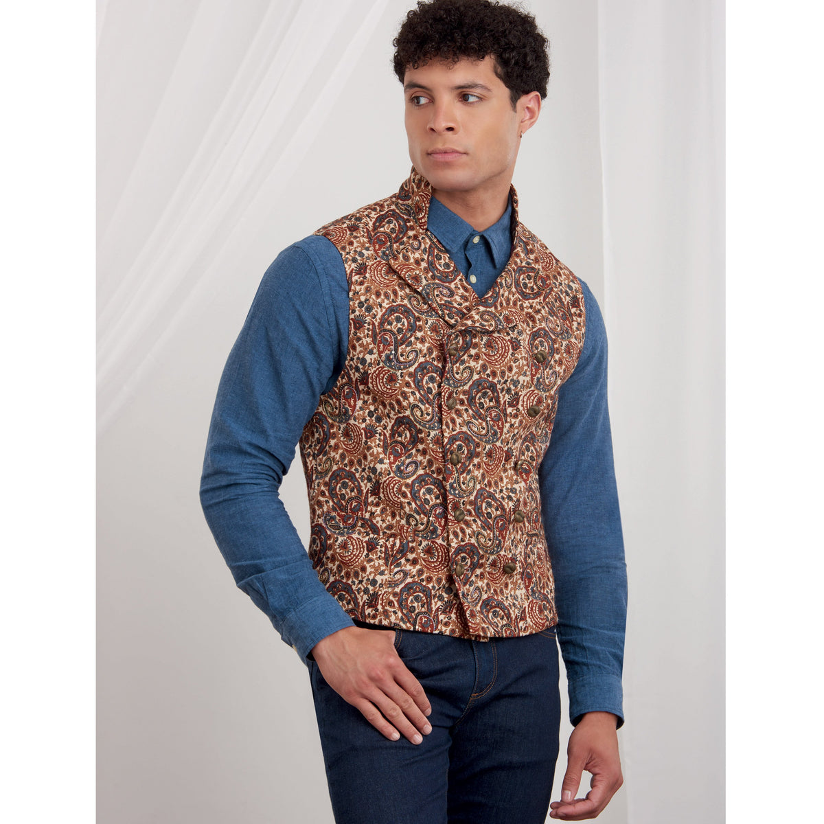 Simplicity S9457 sewing pattern envelope showing men's top and waistcoat