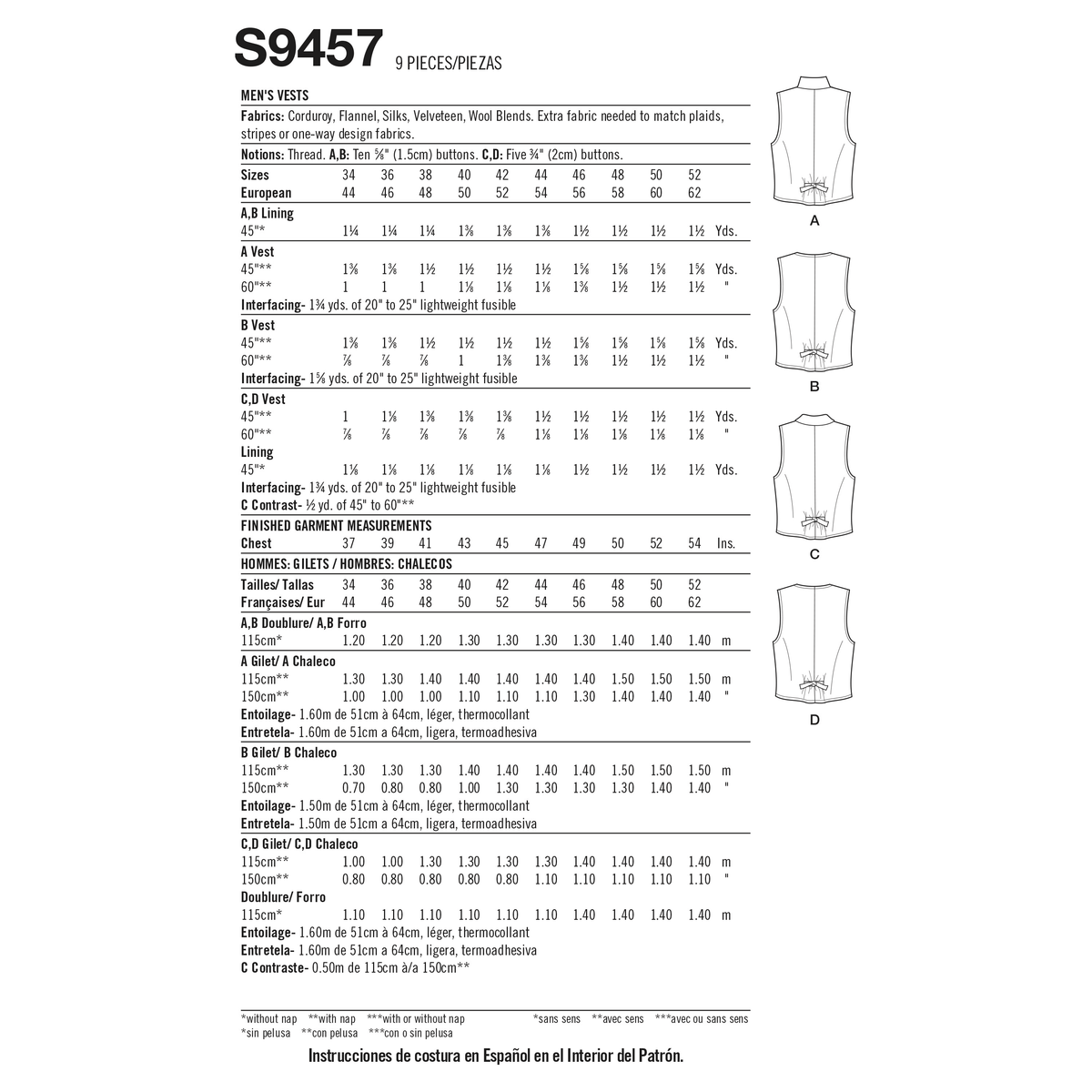 Simplicity S9457 sewing pattern envelope showing men's top and waistcoat