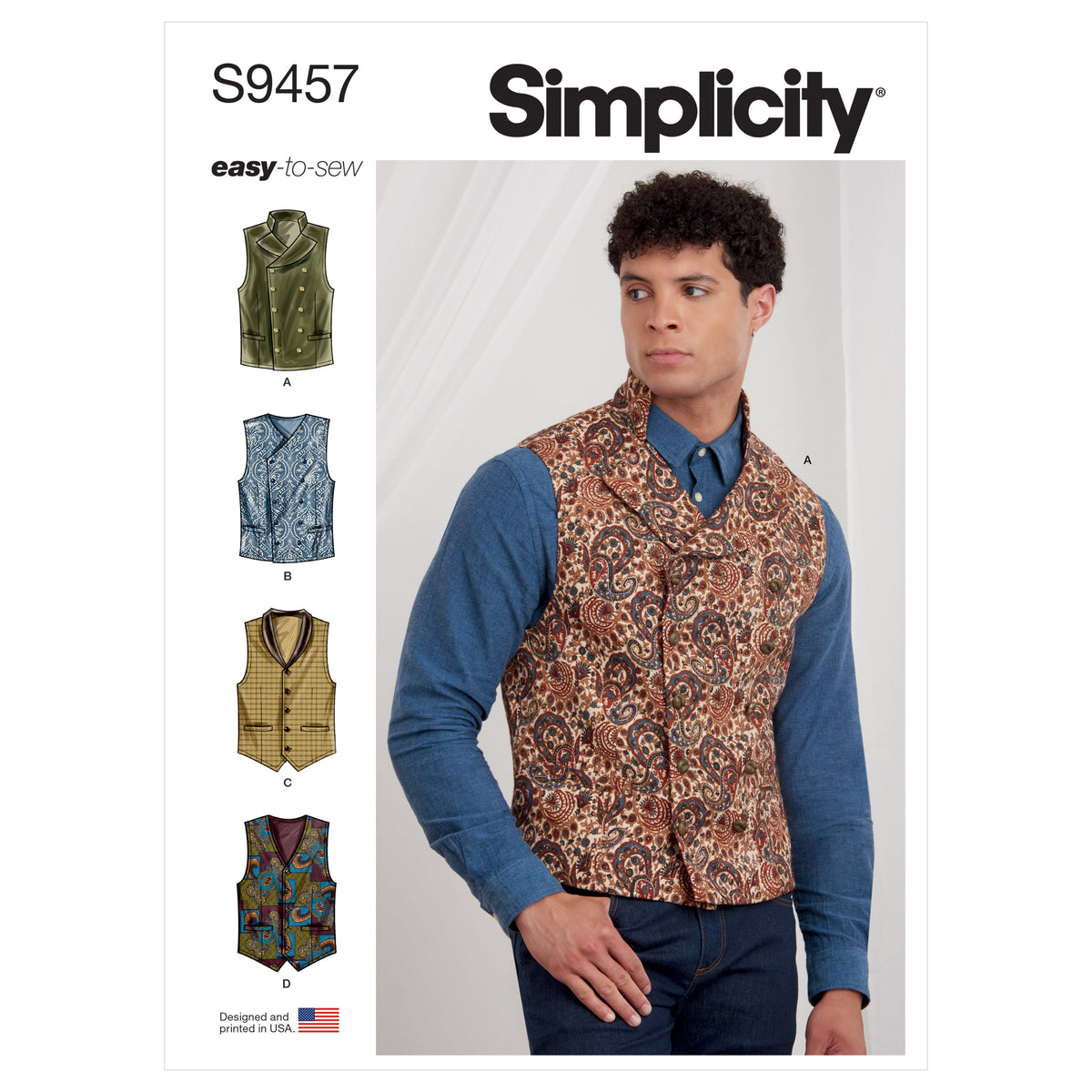Simplicity S9457 sewing pattern envelope showing men's top and waistcoat
