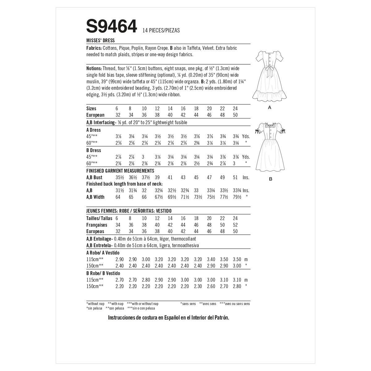 Simplicity S9464 sewing pattern envelope showing women's dress