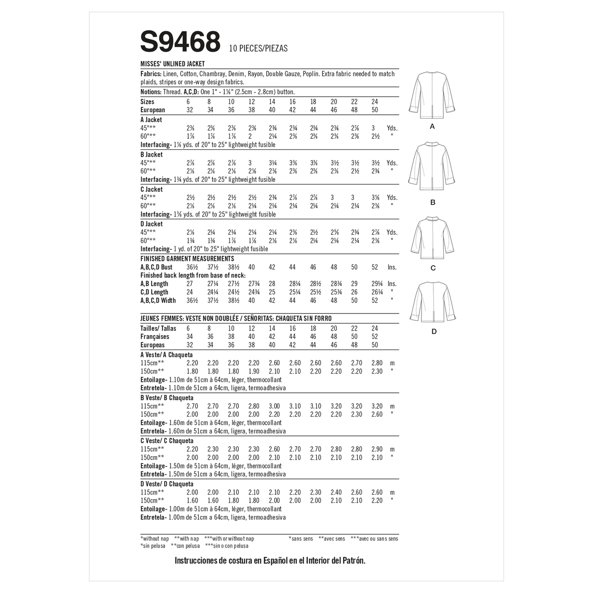 Simplicity S9468 sewing pattern envelope showing jackets and coats