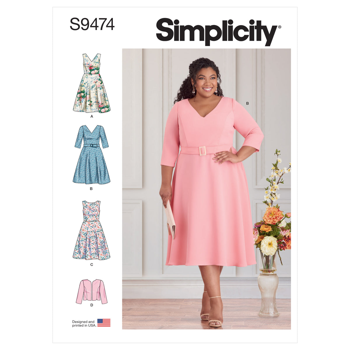 Simplicity S9474 sewing pattern envelope showing dress