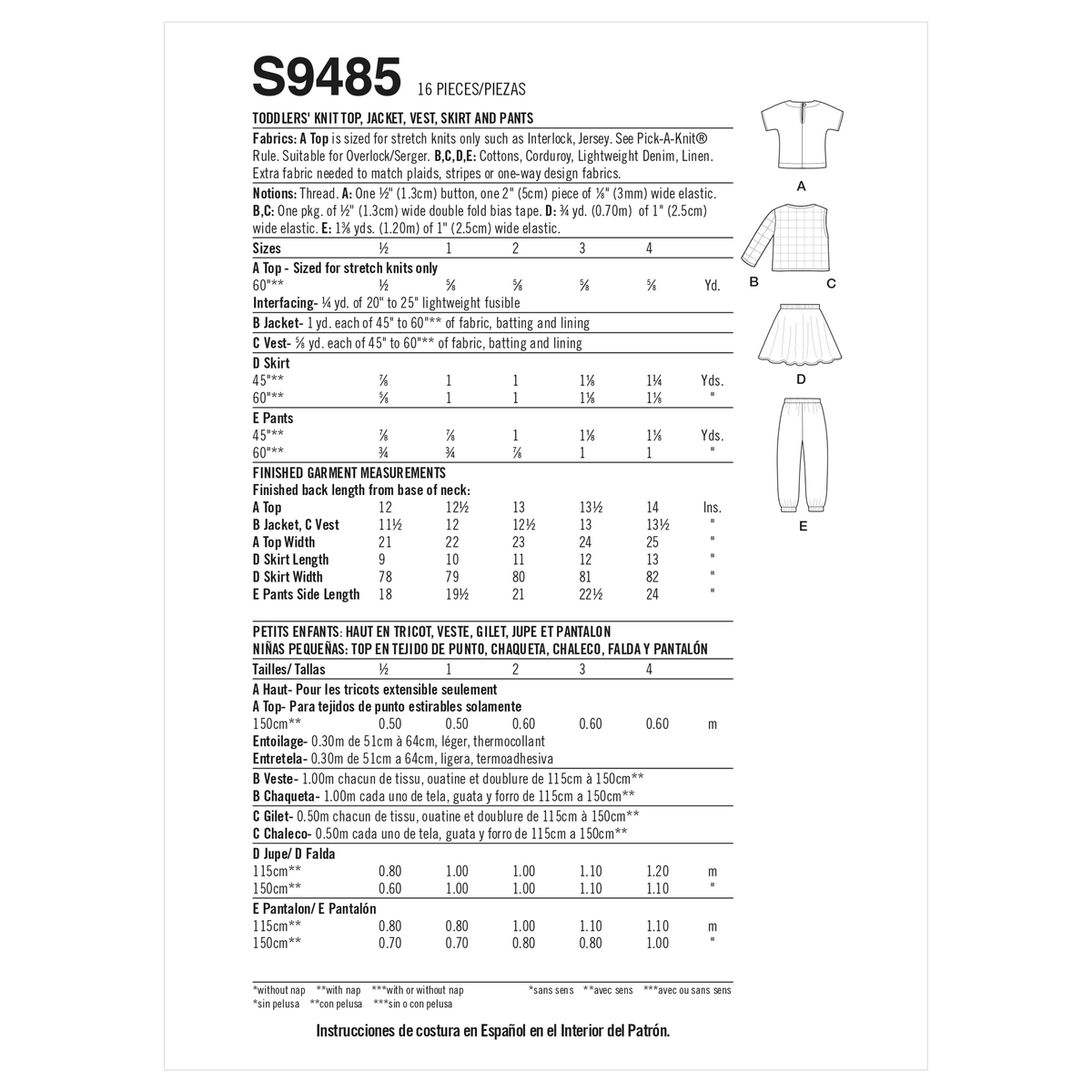 Simplicity S9485 sewing pattern envelope showing toddler casual wear