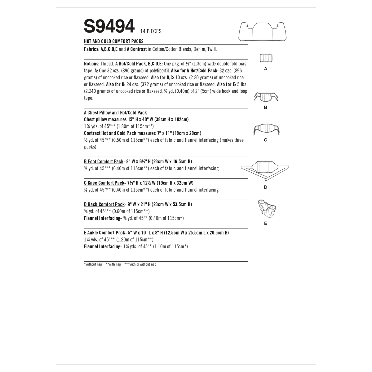 Simplicity S9494 sewing pattern envelope showing comfort packs