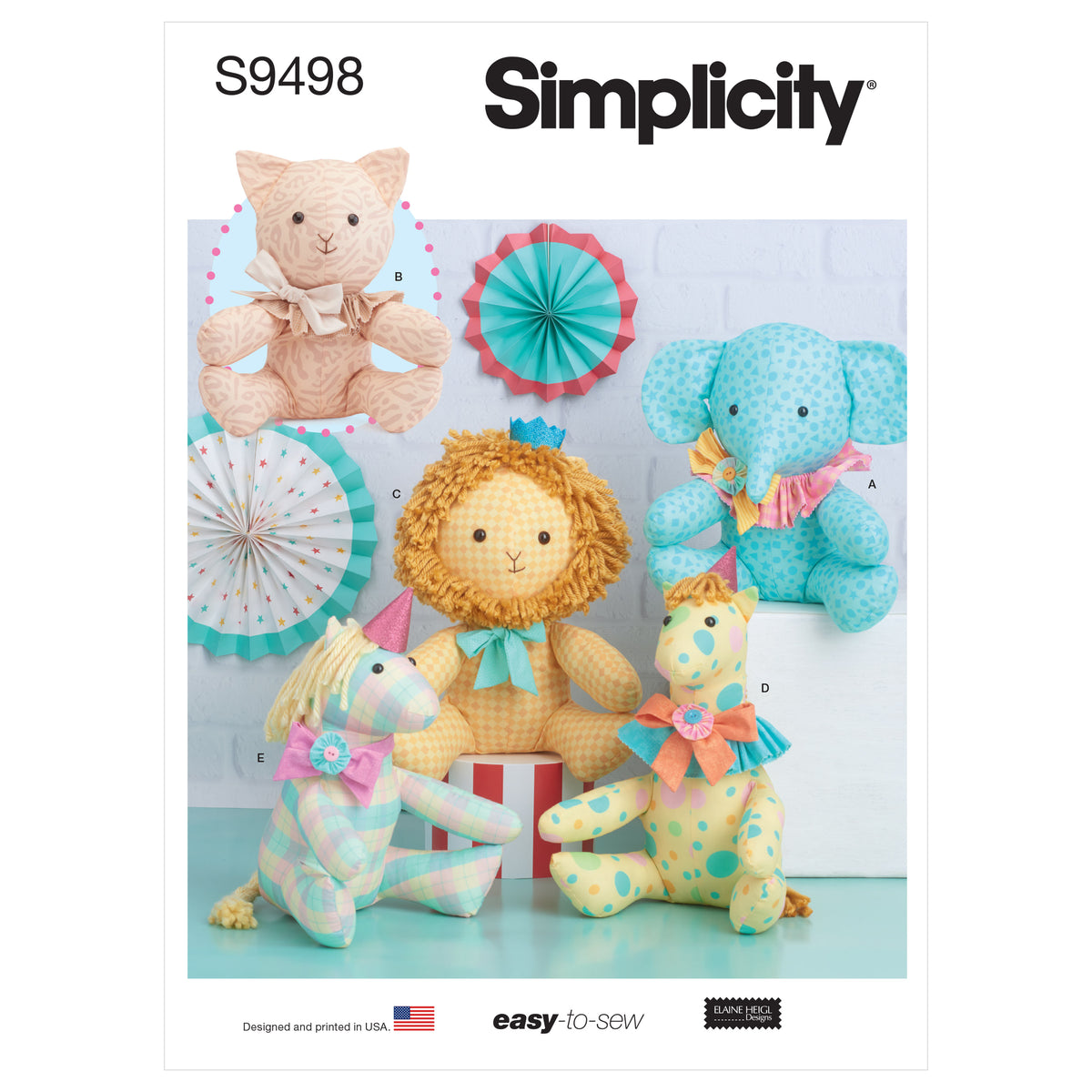 Simplicity S9498 sewing pattern envelope showing stuffed animals