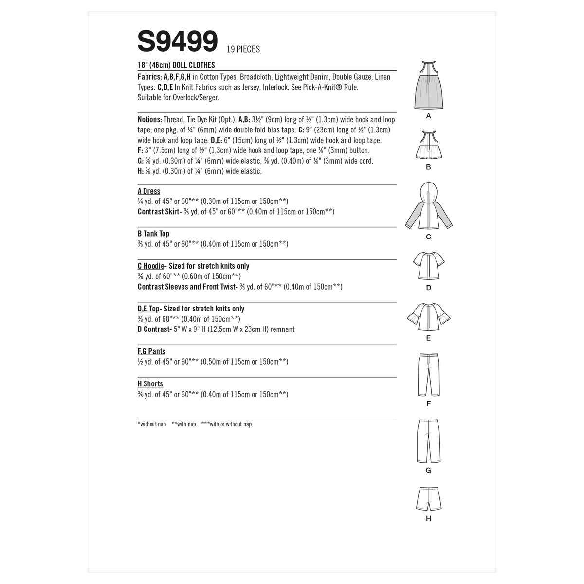 Simplicity S9499 sewing pattern envelope showing doll clothes