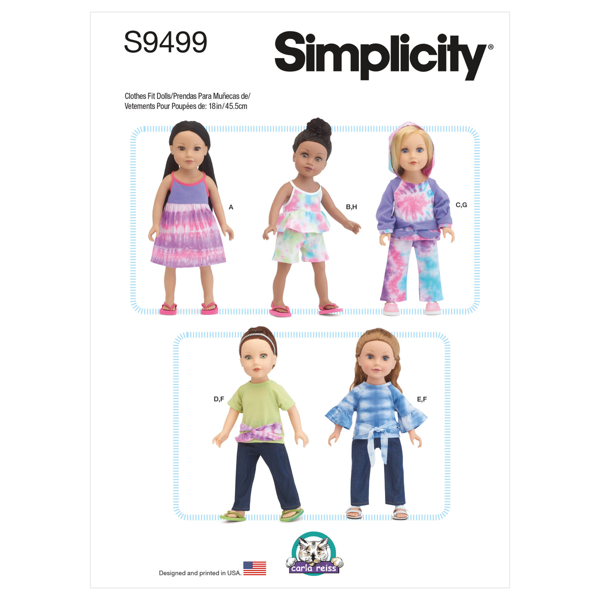 Simplicity S9499 sewing pattern envelope showing doll clothes