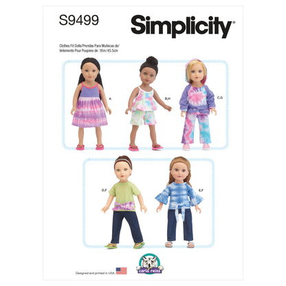 Simplicity S9499 sewing pattern envelope showing doll clothes