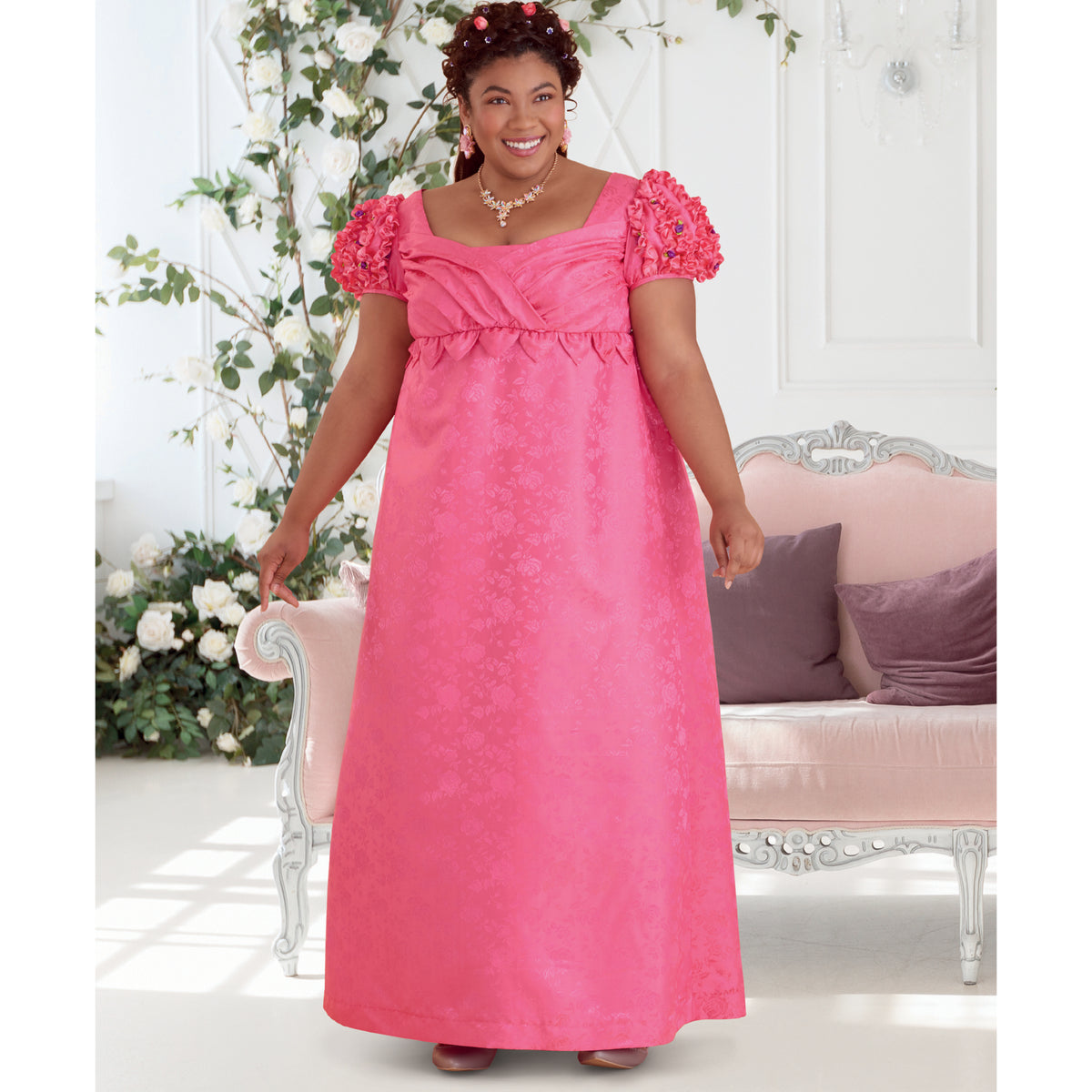 Simplicity S9502 pattern envelope showing three Regency style empire waist gowns