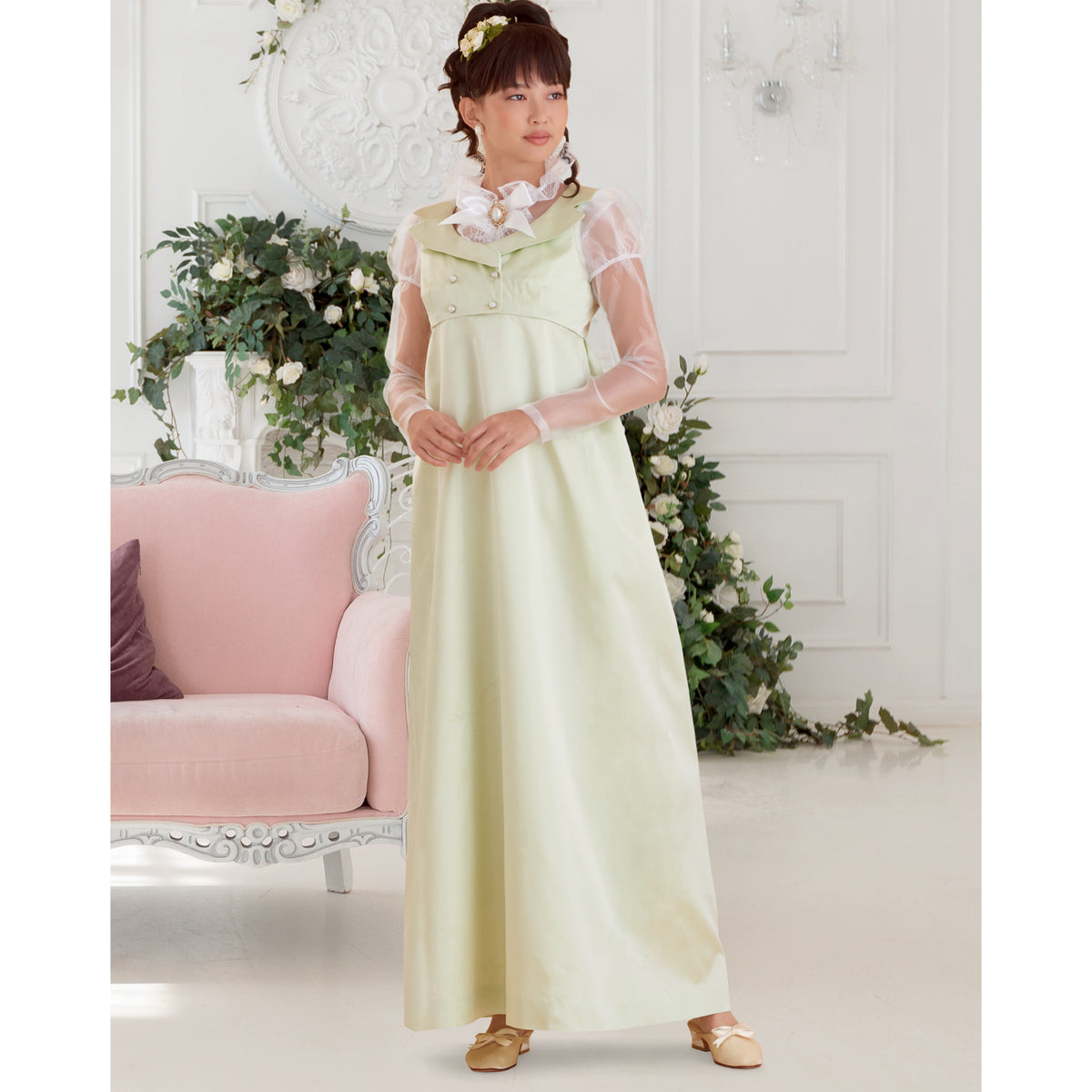 Simplicity S9502 pattern envelope showing three Regency style empire waist gowns