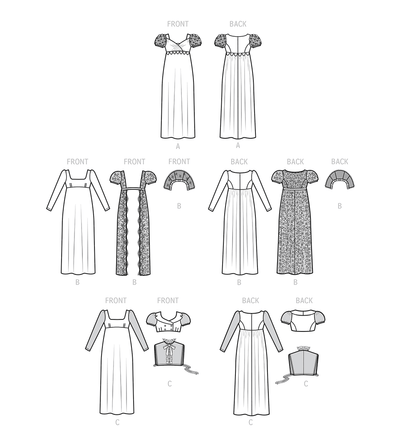 Simplicity S9502 pattern envelope showing three Regency style empire waist gowns