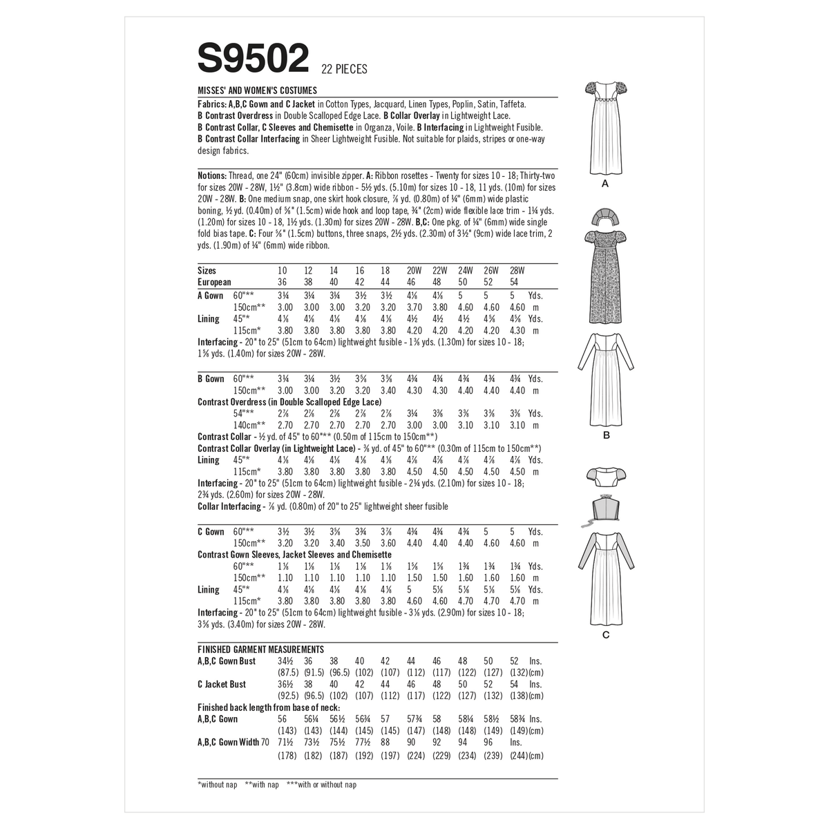 Simplicity S9502 pattern envelope showing three Regency style empire waist gowns