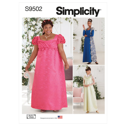 Simplicity S9502 pattern envelope showing three Regency style empire waist gowns