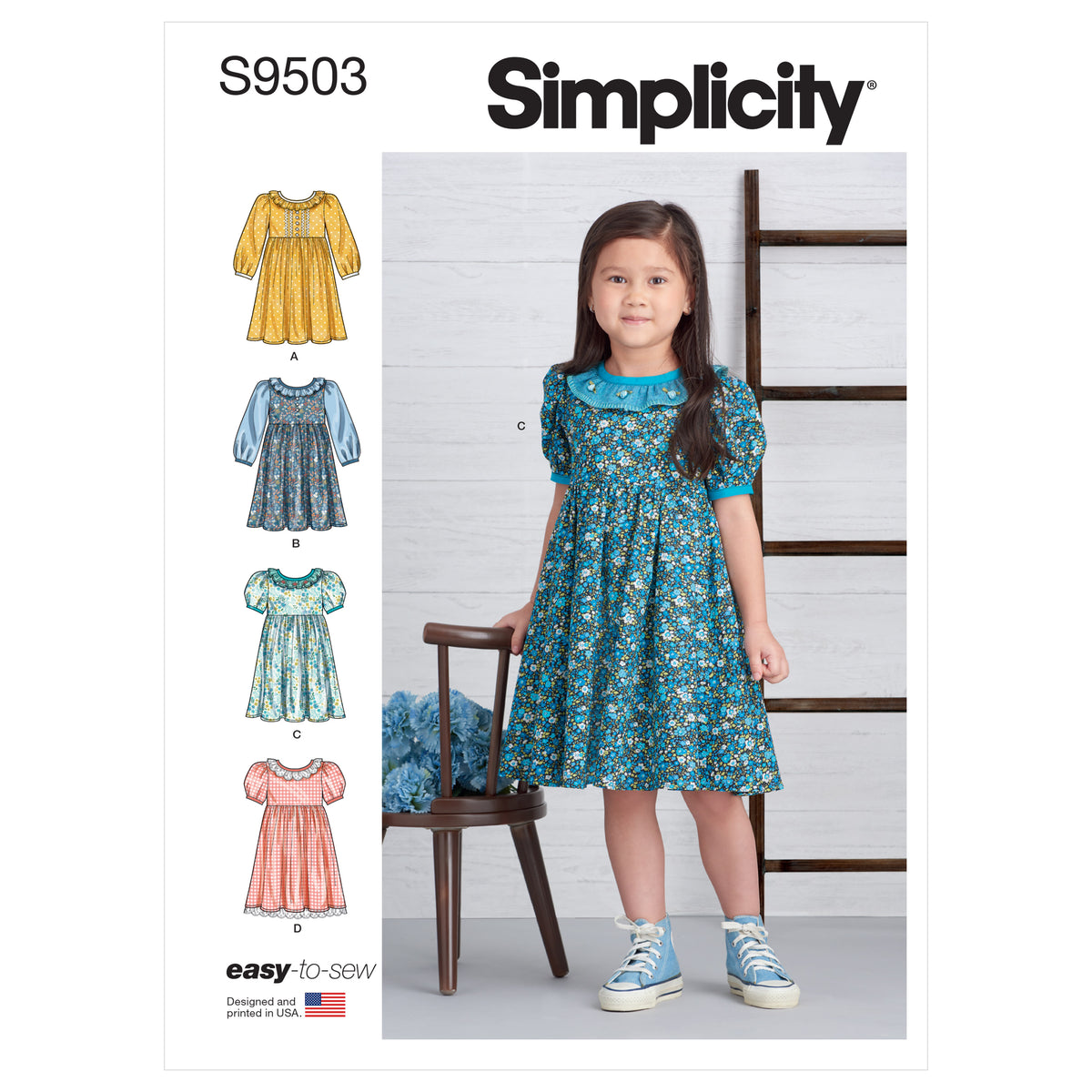 Simplicity S9503 pattern envelope showing children's dresses with ruffle collars