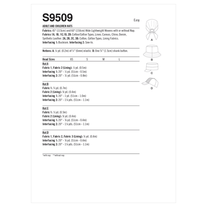 Simplicity S9509 pattern envelope showing casual hats for adults and children