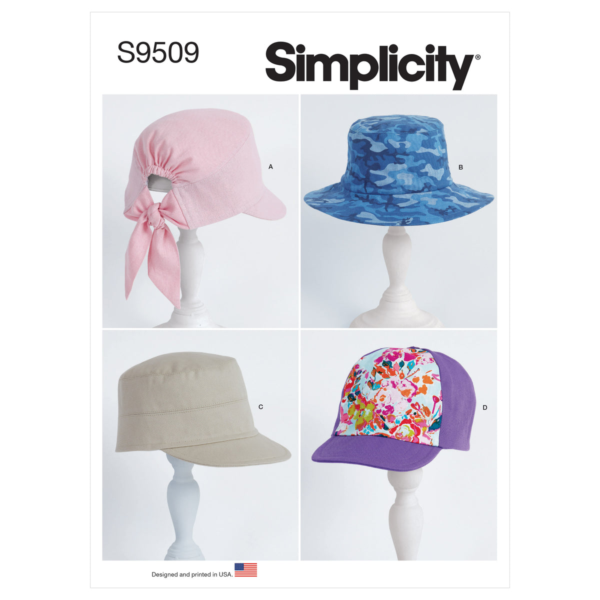 Simplicity S9509 pattern envelope showing casual hats for adults and children