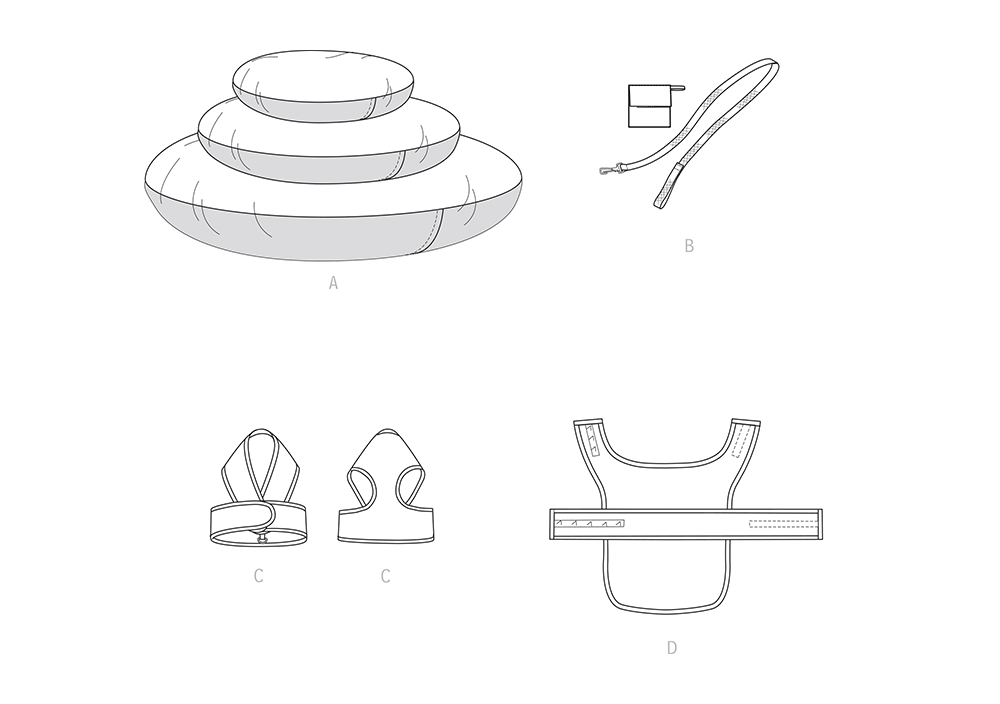 Simplicity S9510 pattern envelope showing a pet harness, lead, coat and bed