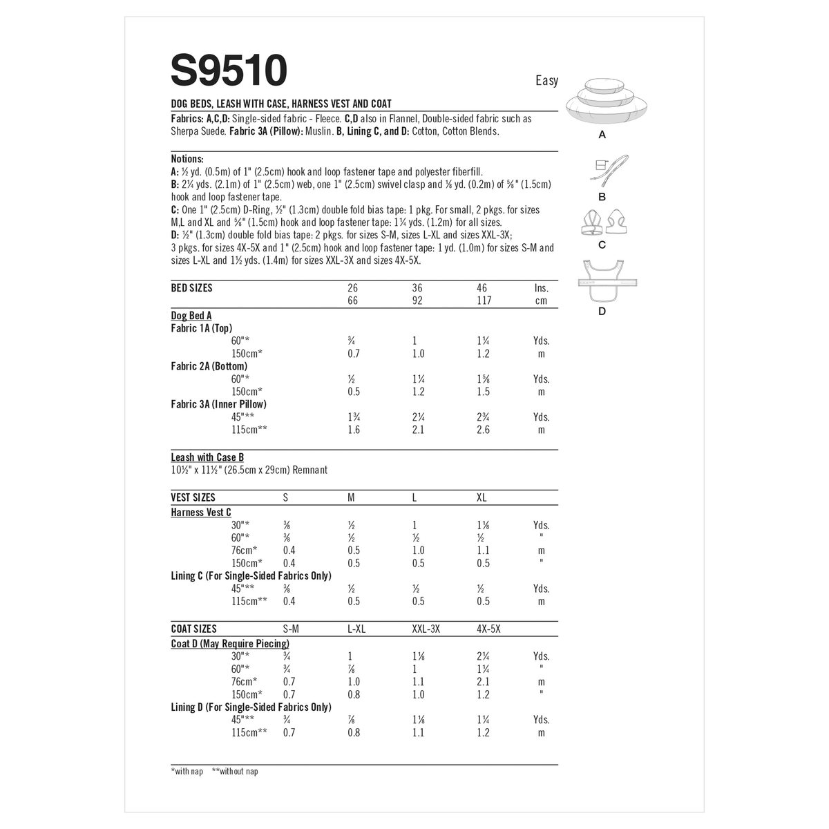 Simplicity S9510 pattern envelope showing a pet harness, lead, coat and bed