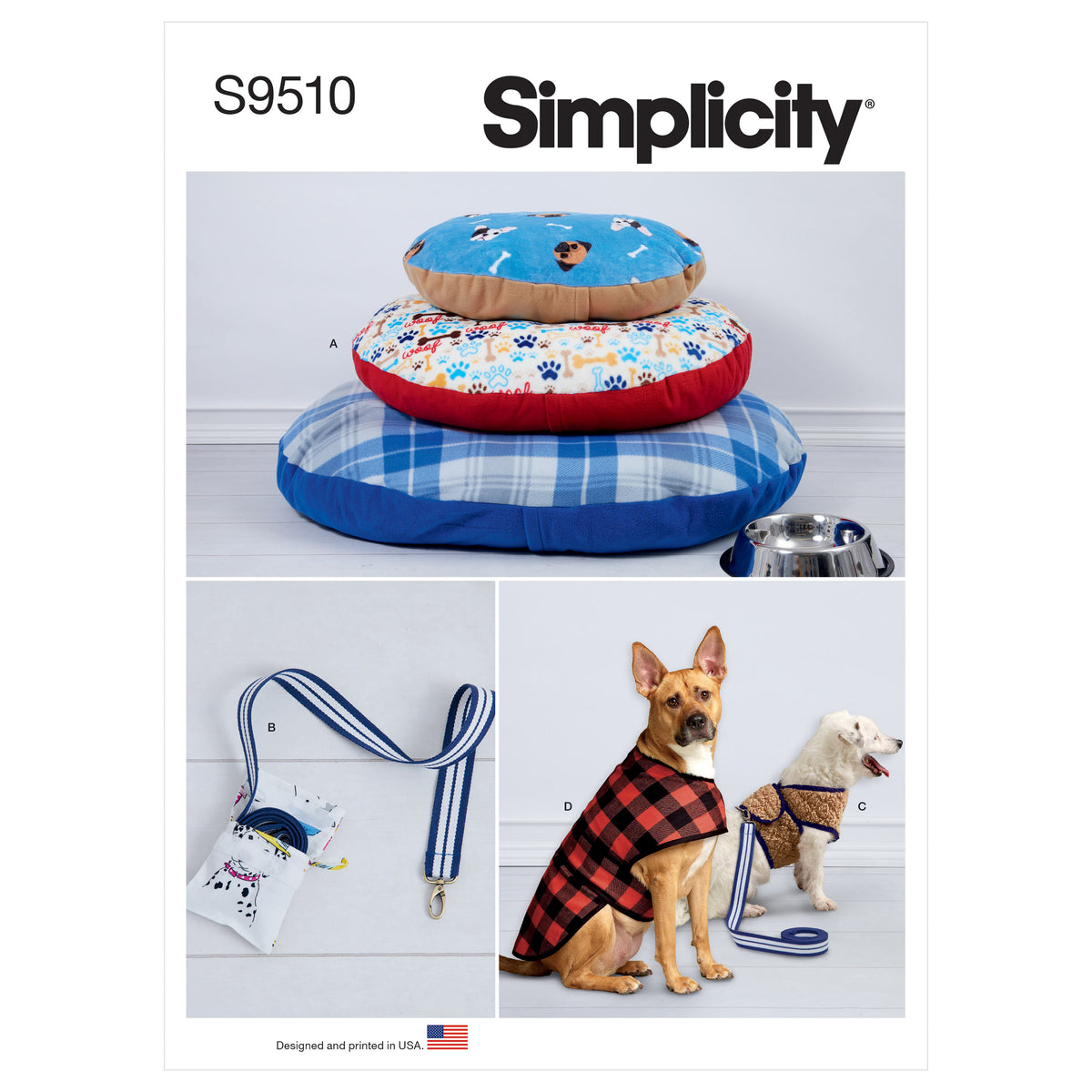 Simplicity S9510 pattern envelope showing a pet harness, lead, coat and bed