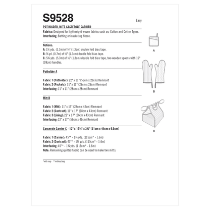 Simplicity S9528 pattern envelope showing potholders, oven mitts and casserole carriers