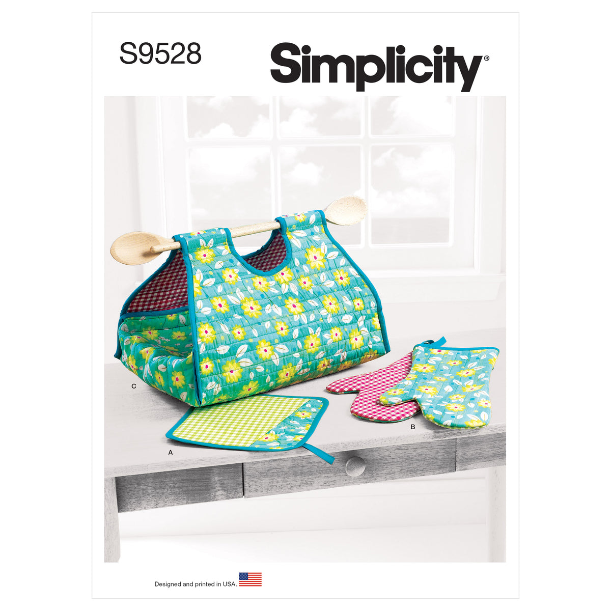 Simplicity S9528 pattern envelope showing potholders, oven mitts and casserole carriers