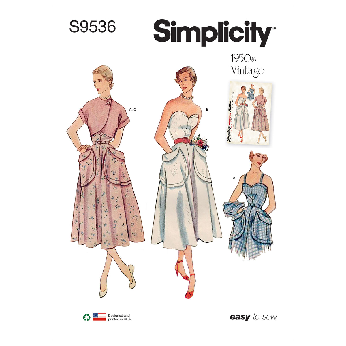 Simplicity S9536 pattern envelope showing dresses with fitted bodices and flap pockets