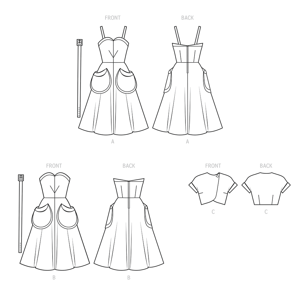 Simplicity S9536 pattern envelope showing dresses with fitted bodices and flap pockets