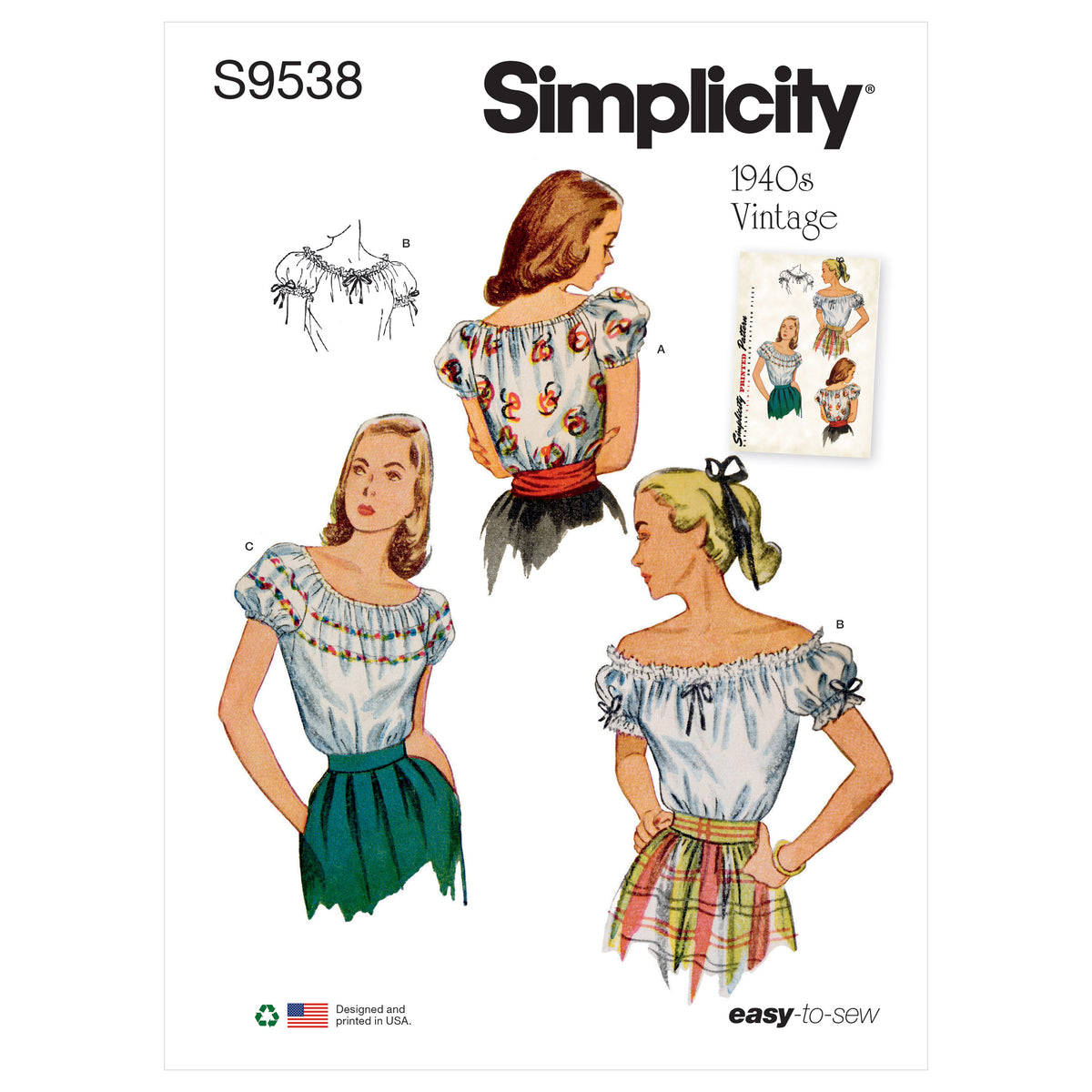 Simplicity S9538 pattern envelope showing tops with puff sleeves