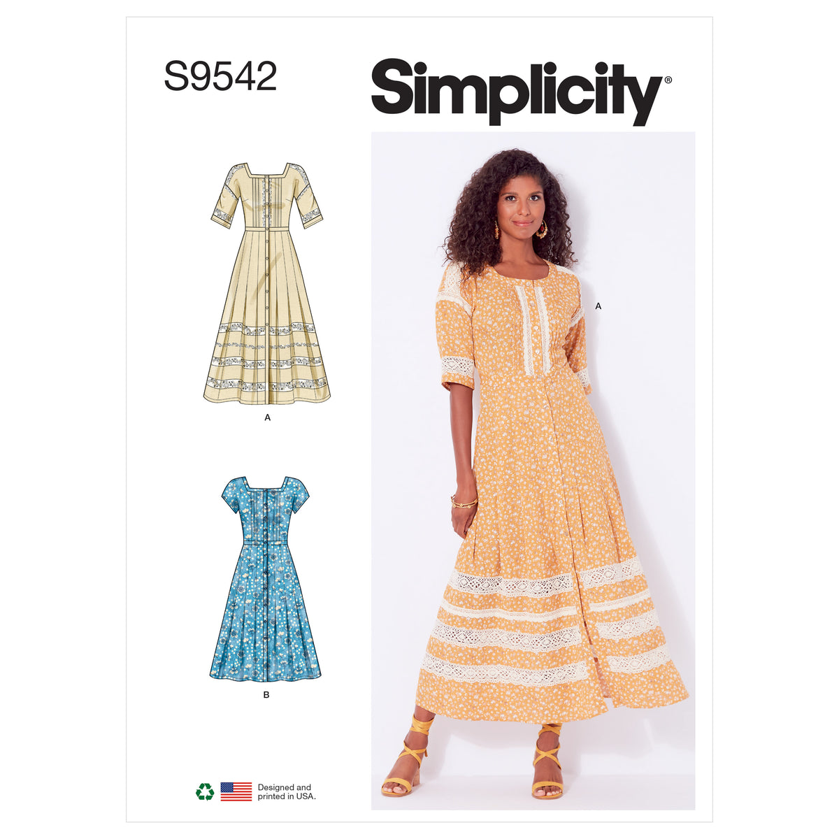 Simplicity S9542 pattern envelope showing dresses with pleated skirts