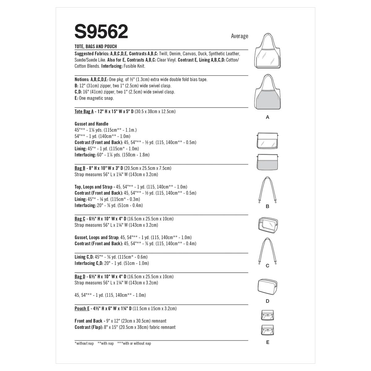 Simplicity S9562 pattern envelope showing a tote, bags and pouch
