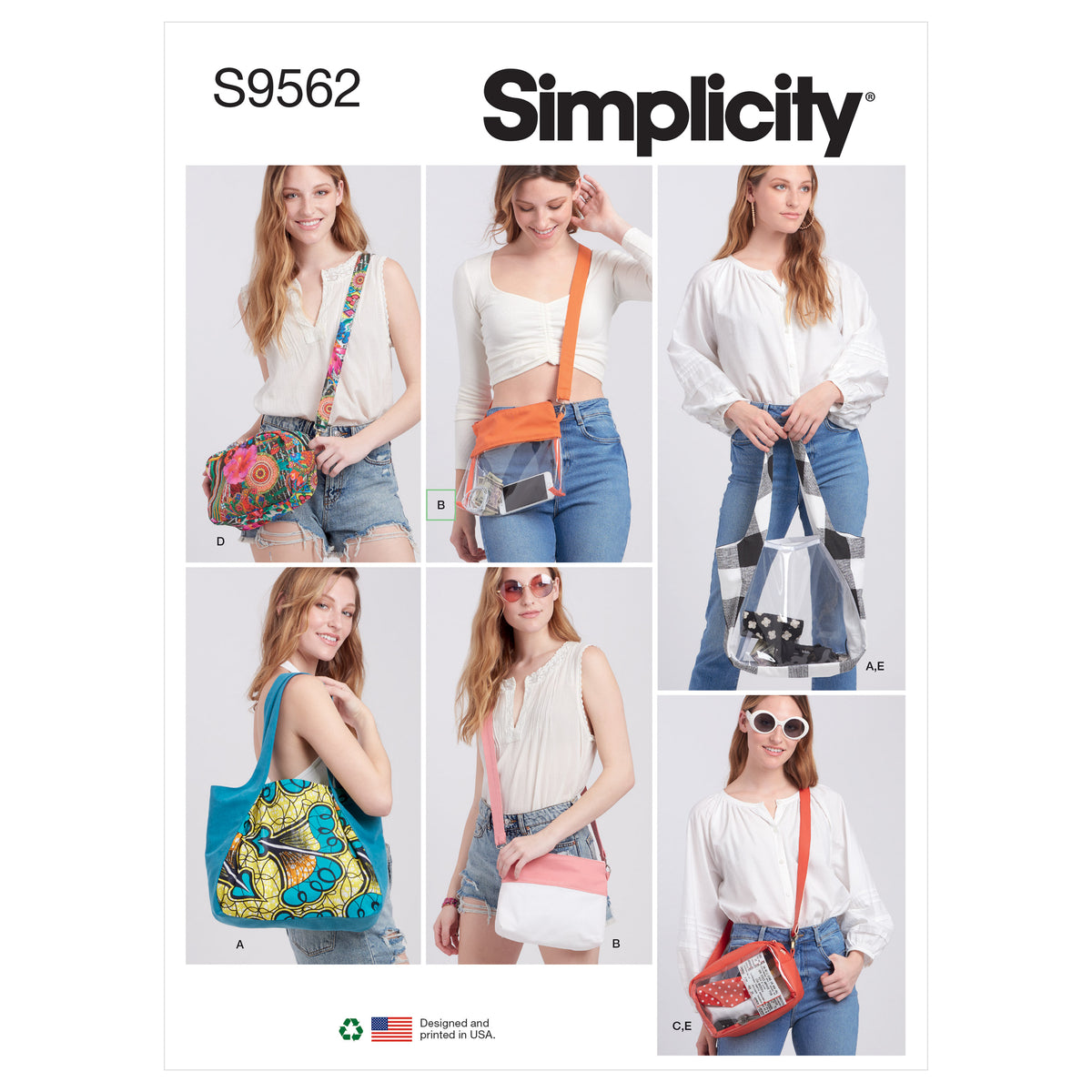 Simplicity S9562 pattern envelope showing a tote, bags and pouch