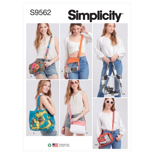 Simplicity S9562 pattern envelope showing a tote, bags and pouch
