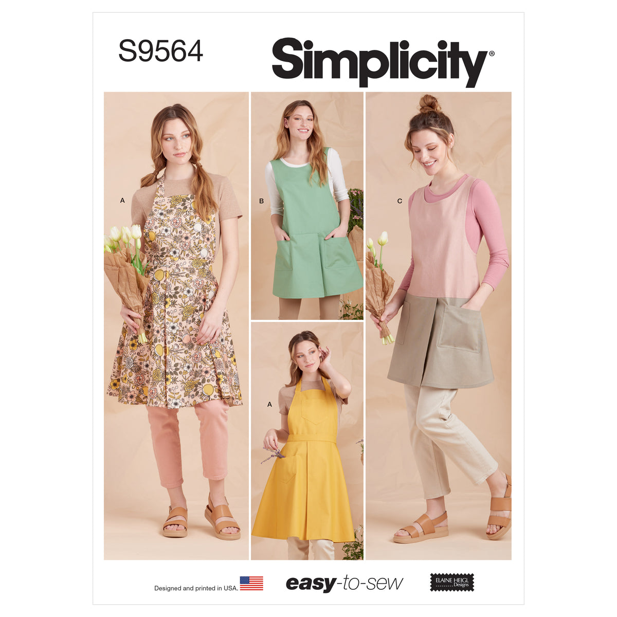 Simplicity S9564 sewing pattern envelope showing aprons