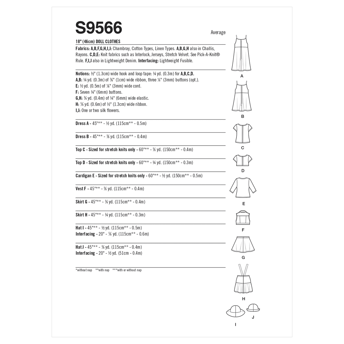 Simplicity S9566 sewing pattern envelope showing doll clothes