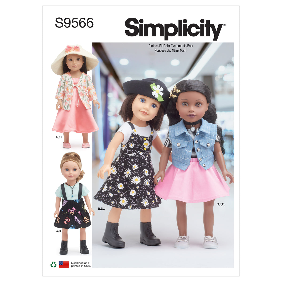 Simplicity S9566 sewing pattern envelope showing doll clothes