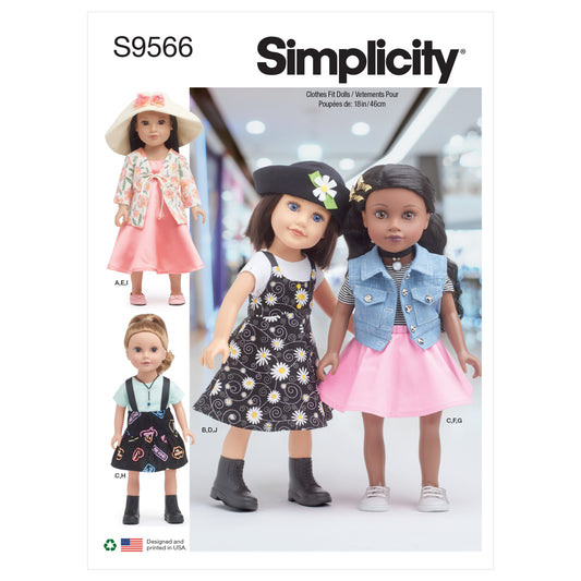 Simplicity S9566 sewing pattern envelope showing doll clothes