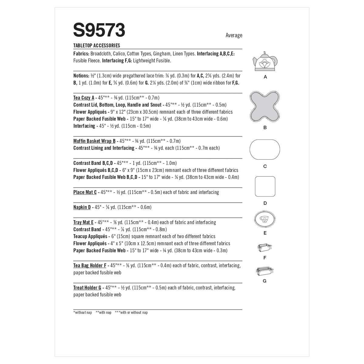 Simplicity S9573 sewing pattern envelope showing table linens