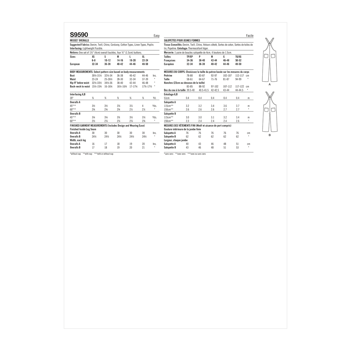 Simplicity S9590 sewing pattern envelope showing casual wear such as dungarees