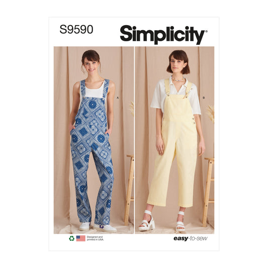 Simplicity S9590 sewing pattern envelope showing casual wear such as dungarees