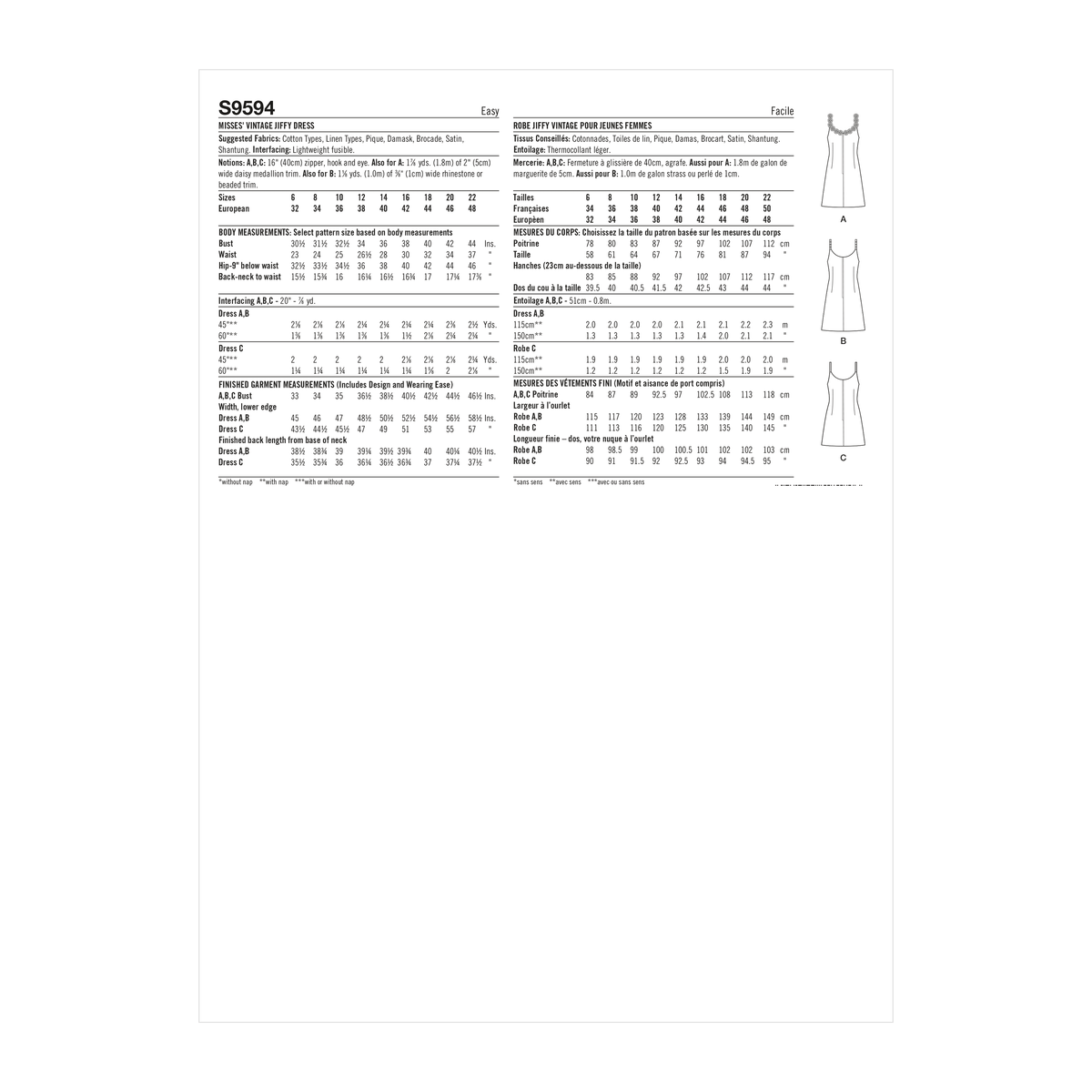 Simplicity S9594 sewing pattern envelope showing a dress